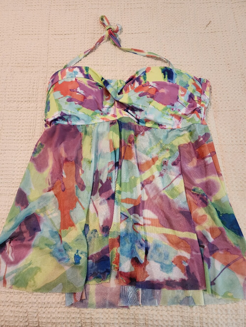 Tempt Me Colorful Watercolor Print Bandeau Halter Swim Top Mesh Skirt NWT 20W